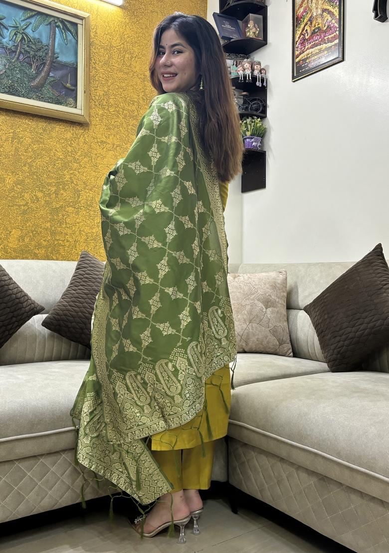 Lemon Yellow Embroidered Viscose Salwar Kameez With Dupatta