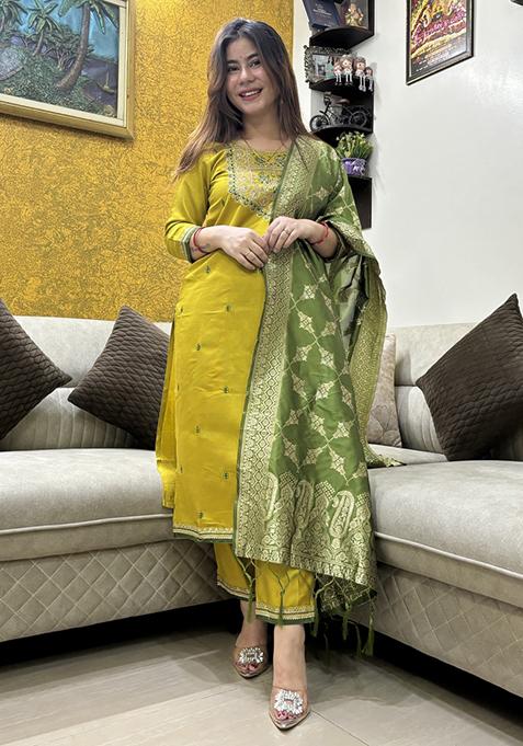 Lemon Yellow Embroidered Viscose Salwar Kameez With Dupatta