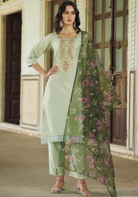 Pista Green Embroidered Viscose Salwar Kameez With Dupatta
