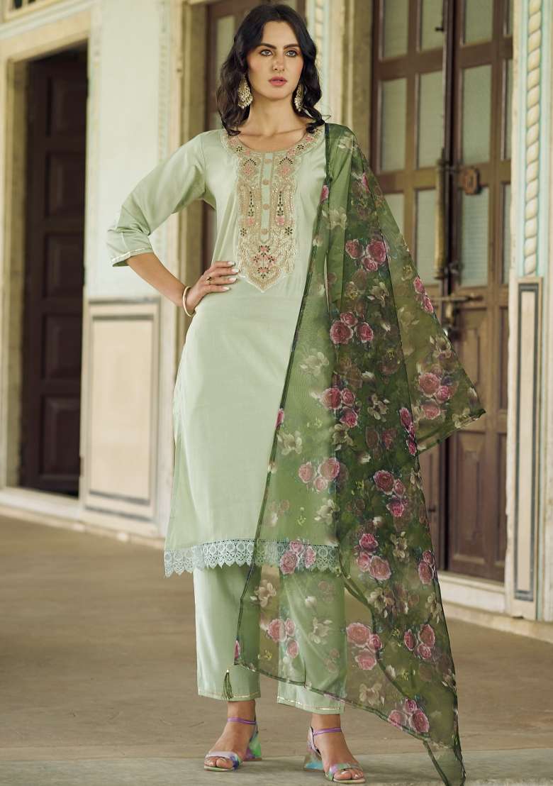 Pista Green Embroidered Viscose Straight Kurta Set - Indya