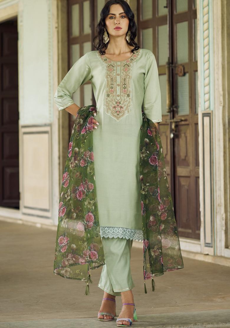 Pista Green Embroidered Viscose Salwar Kameez With Dupatta