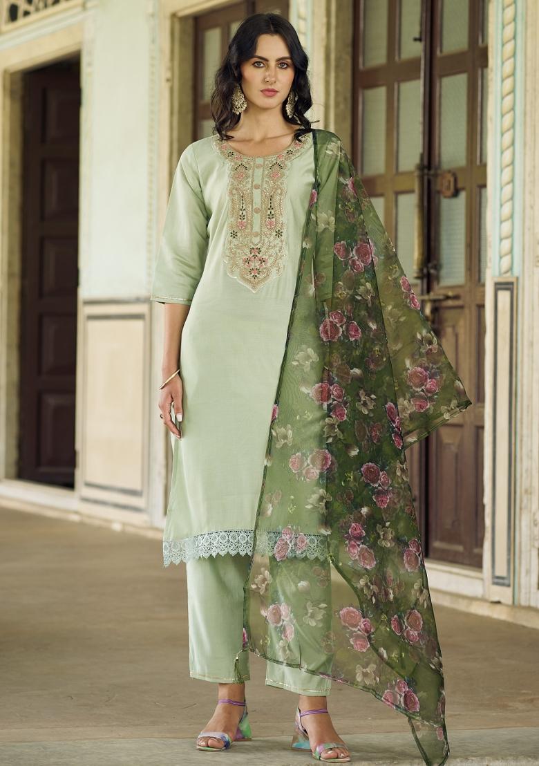 Pista Green Embroidered Viscose Salwar Kameez With Dupatta