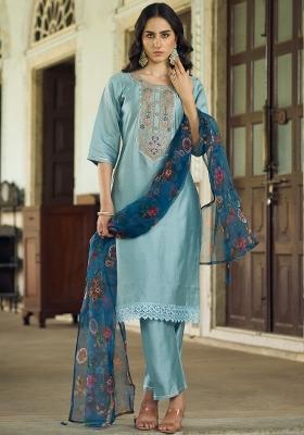 Blue Embroidered Viscose Salwar Kameez With Dupatta