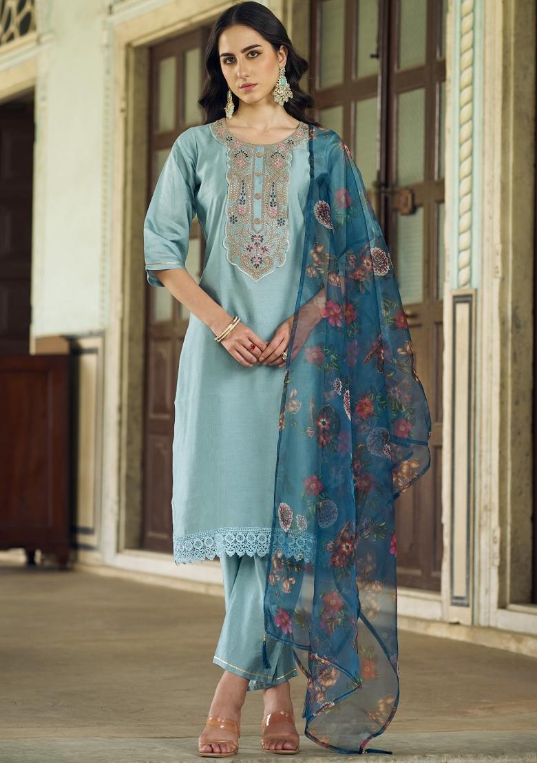 Blue Embroidered Viscose Salwar Kameez With Dupatta