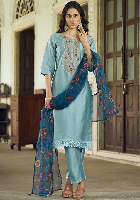 Blue Embroidered Viscose Salwar Kameez With Dupatta