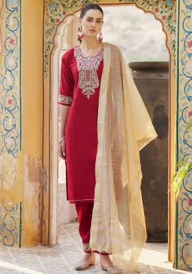 Maroon Embroidered Viscose Salwar Kameez With Dupatta