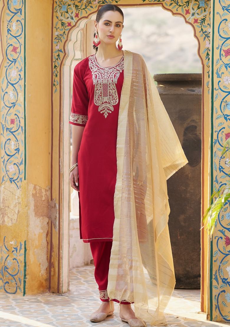 Maroon Embroidered Viscose Salwar Kameez With Dupatta