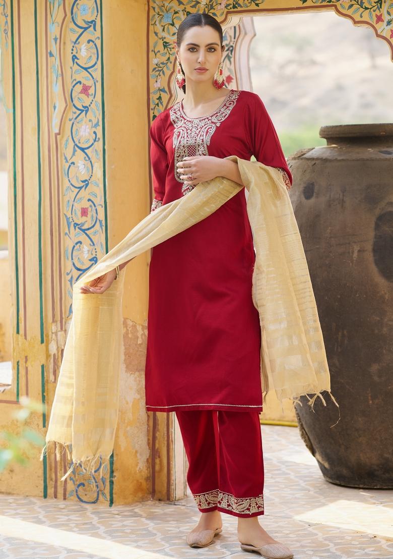 Maroon Embroidered Viscose Salwar Kameez With Dupatta