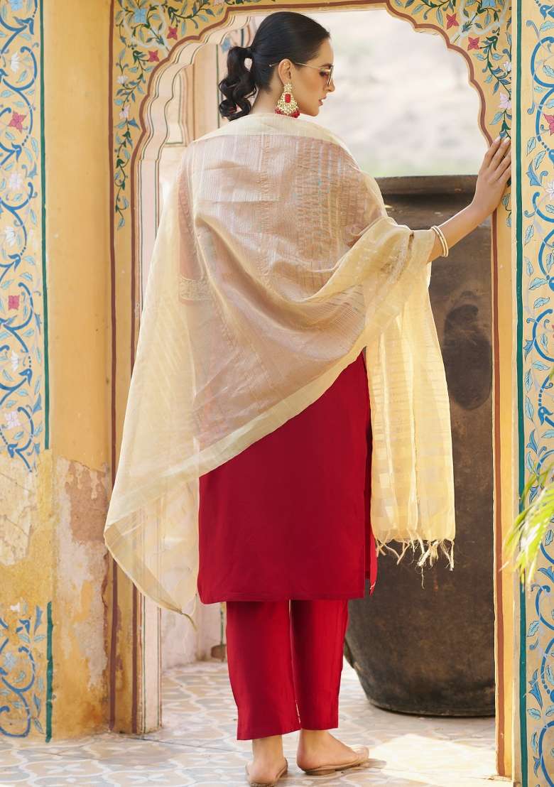 Maroon Embroidered Viscose Straight Kurta Set - Indya