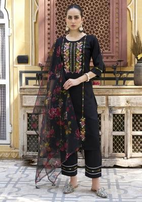 Black Embroidered Viscose Salwar Kameez With Dupatta