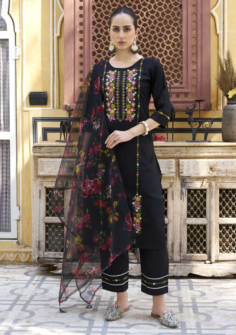 Black Embroidered Viscose Salwar Kameez With Dupatta - Indya