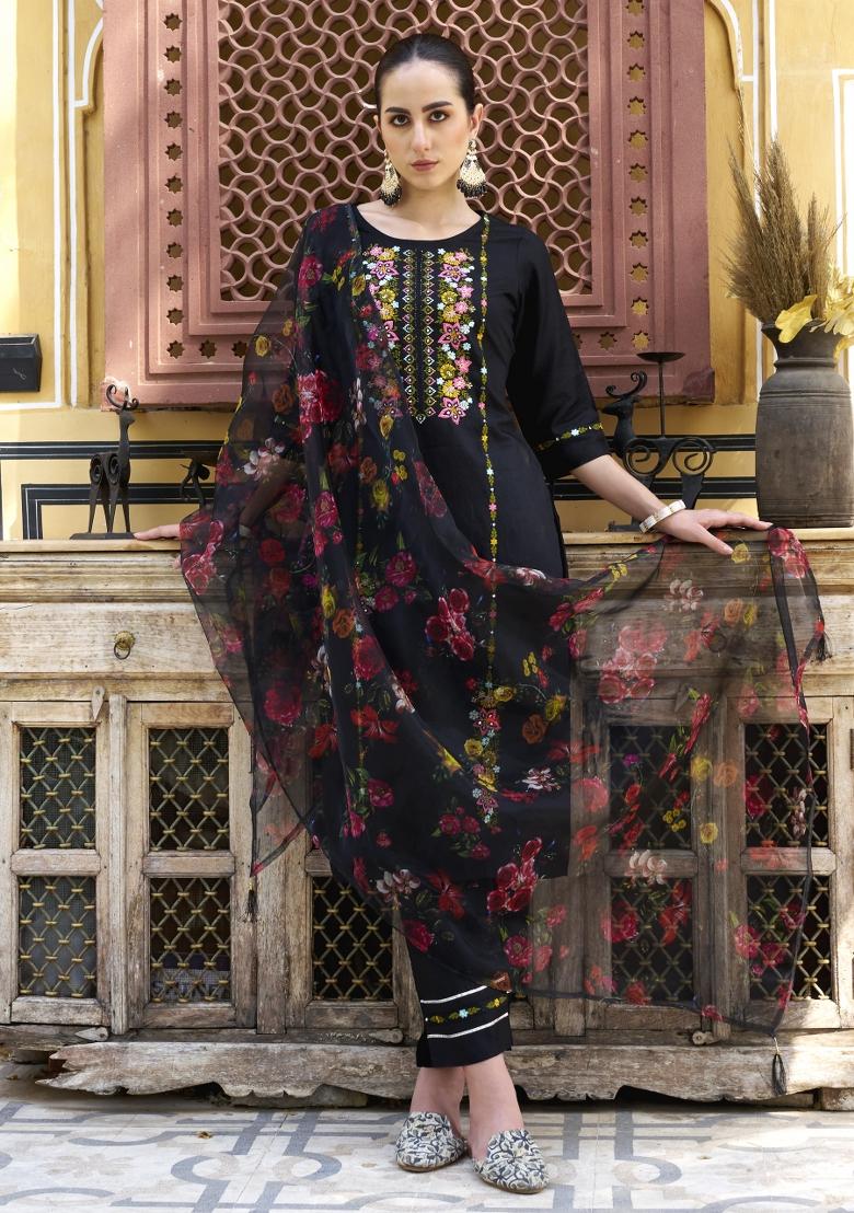 Black Embroidered Viscose Salwar Kameez With Dupatta