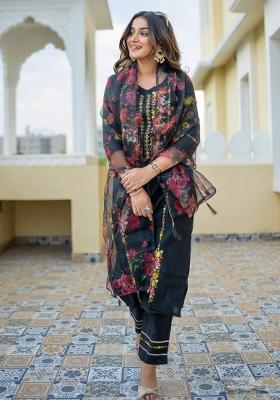 Black Embroidered Viscose Salwar Kameez With Dupatta