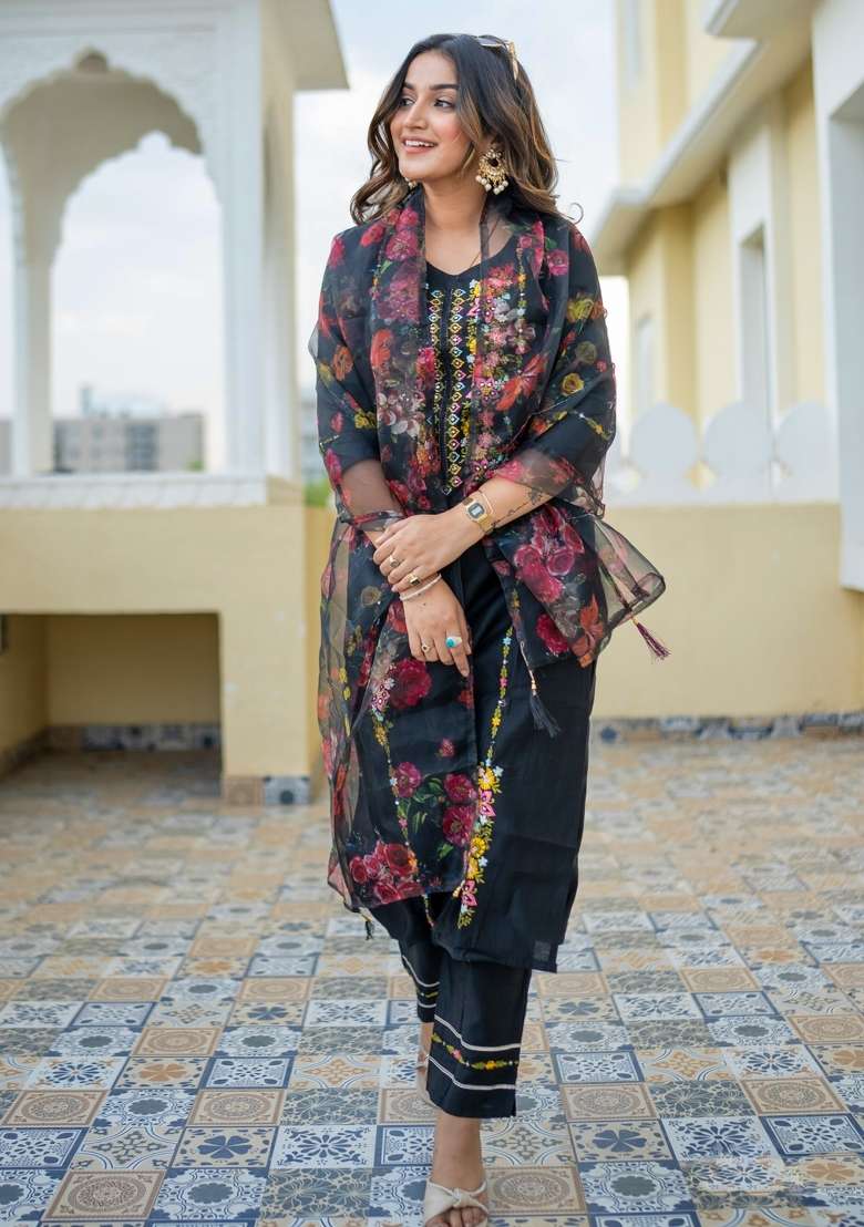 Black Embroidered Viscose Salwar Kameez With Dupatta - Indya