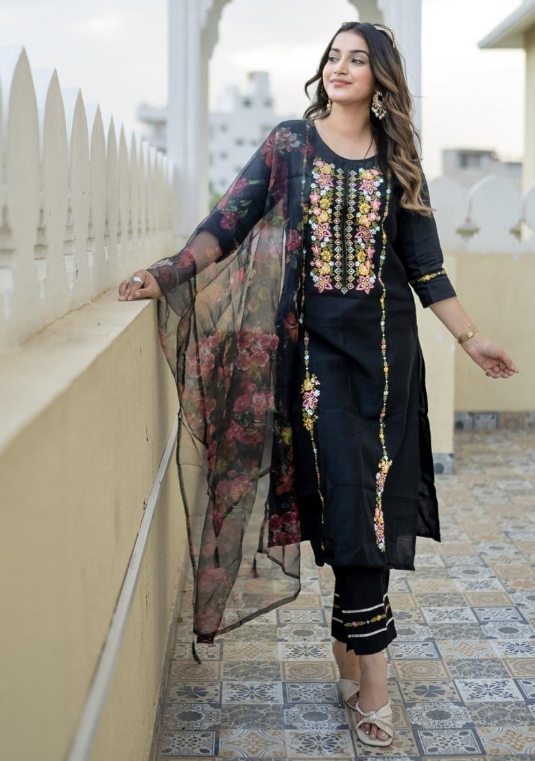 Black Embroidered Viscose Salwar Kameez With Dupatta