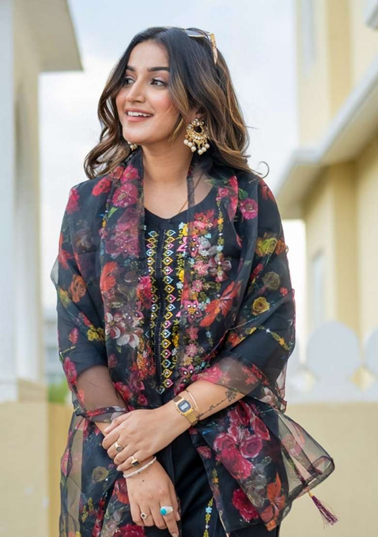 Black Embroidered Viscose Salwar Kameez With Dupatta - Indya