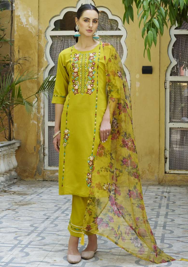 Lemon Yellow Embroidered Viscose Straight Kurta Set - Indya