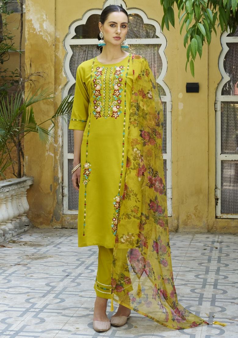 Lemon Yellow Embroidered Viscose Salwar Kameez With Dupatta