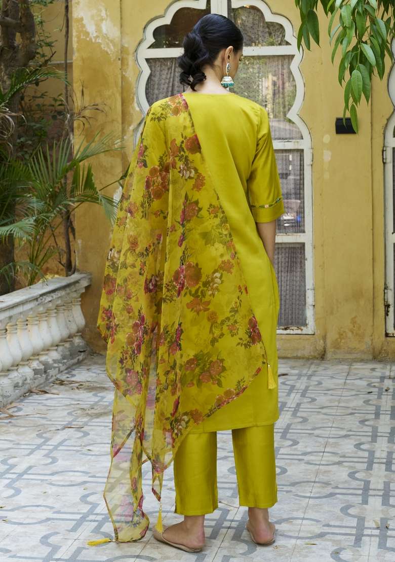 Lemon Yellow Embroidered Viscose Straight Kurta Set - Indya