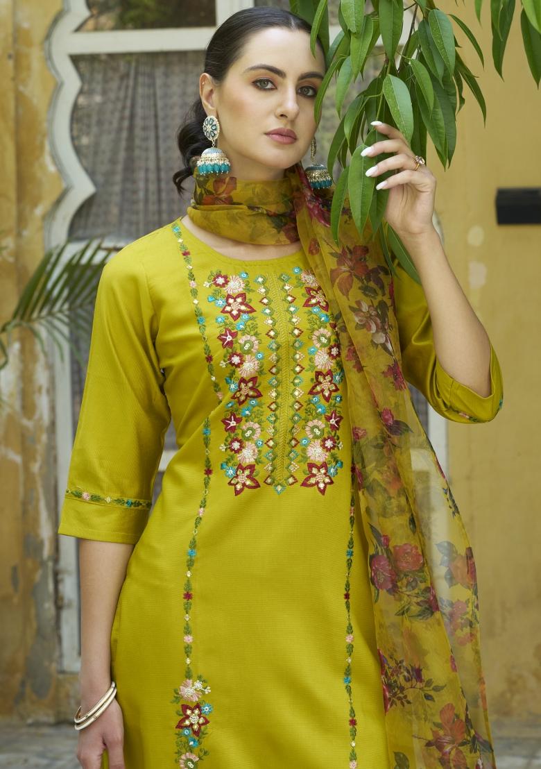 Lemon Yellow Embroidered Viscose Salwar Kameez With Dupatta