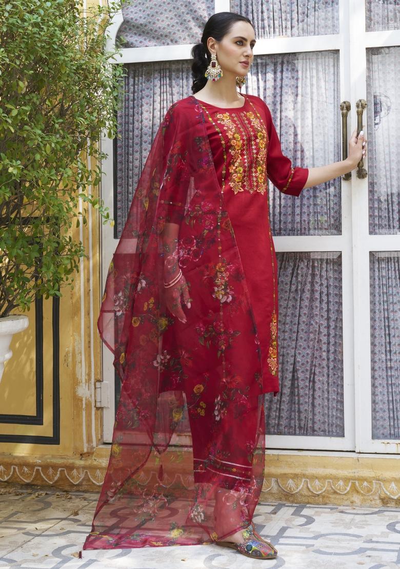 Maroon Embroidered Viscose Salwar Kameez With Dupatta