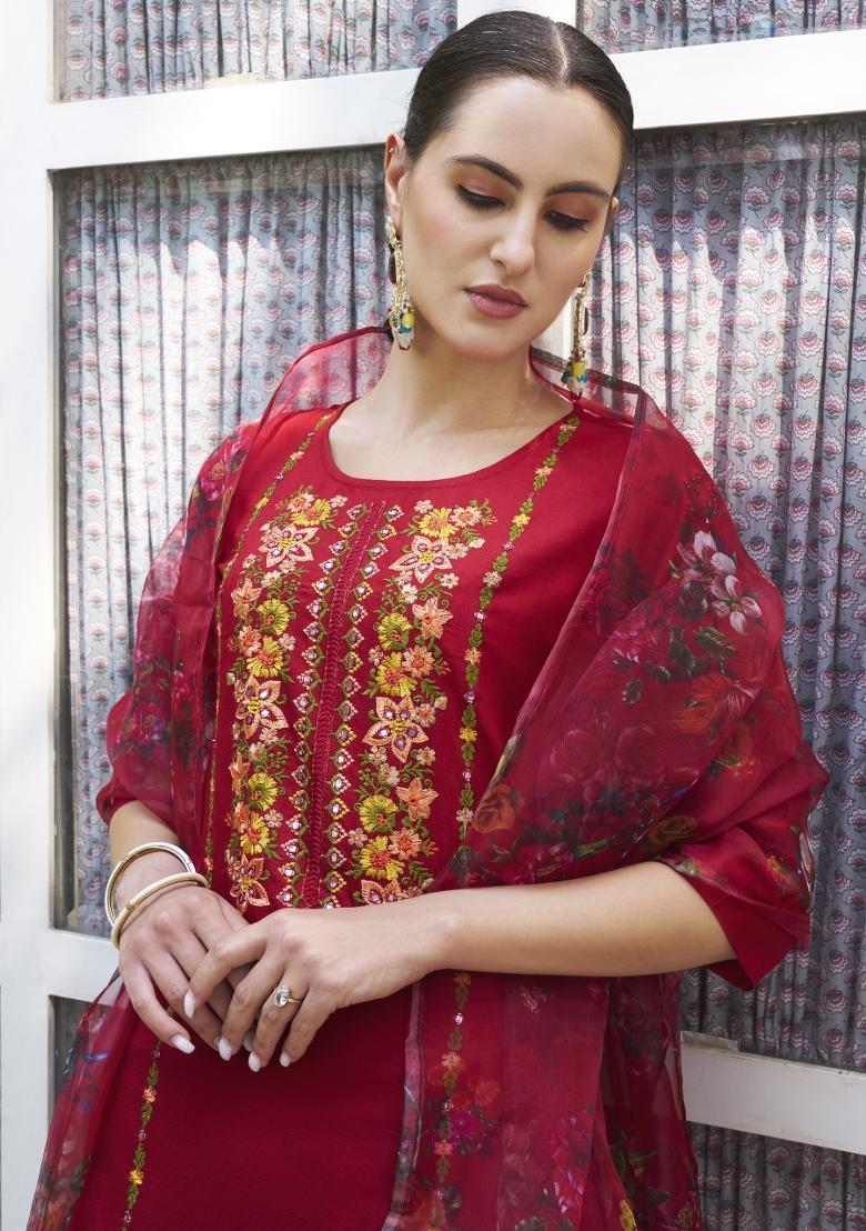 Maroon Embroidered Viscose Salwar Kameez With Dupatta