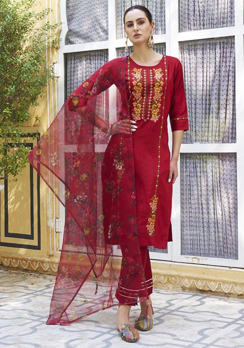Maroon Embroidered Viscose Salwar Kameez With Dupatta