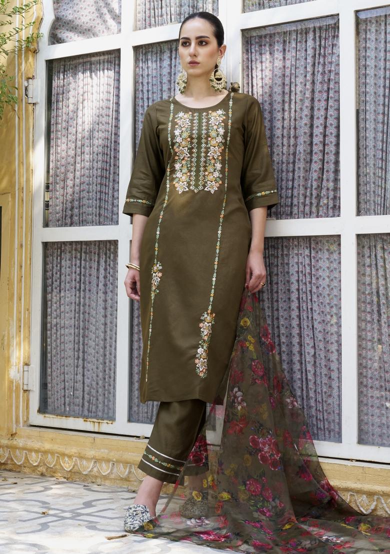 Mehendi Green Embroidered Viscose Salwar Kameez With Dupatta