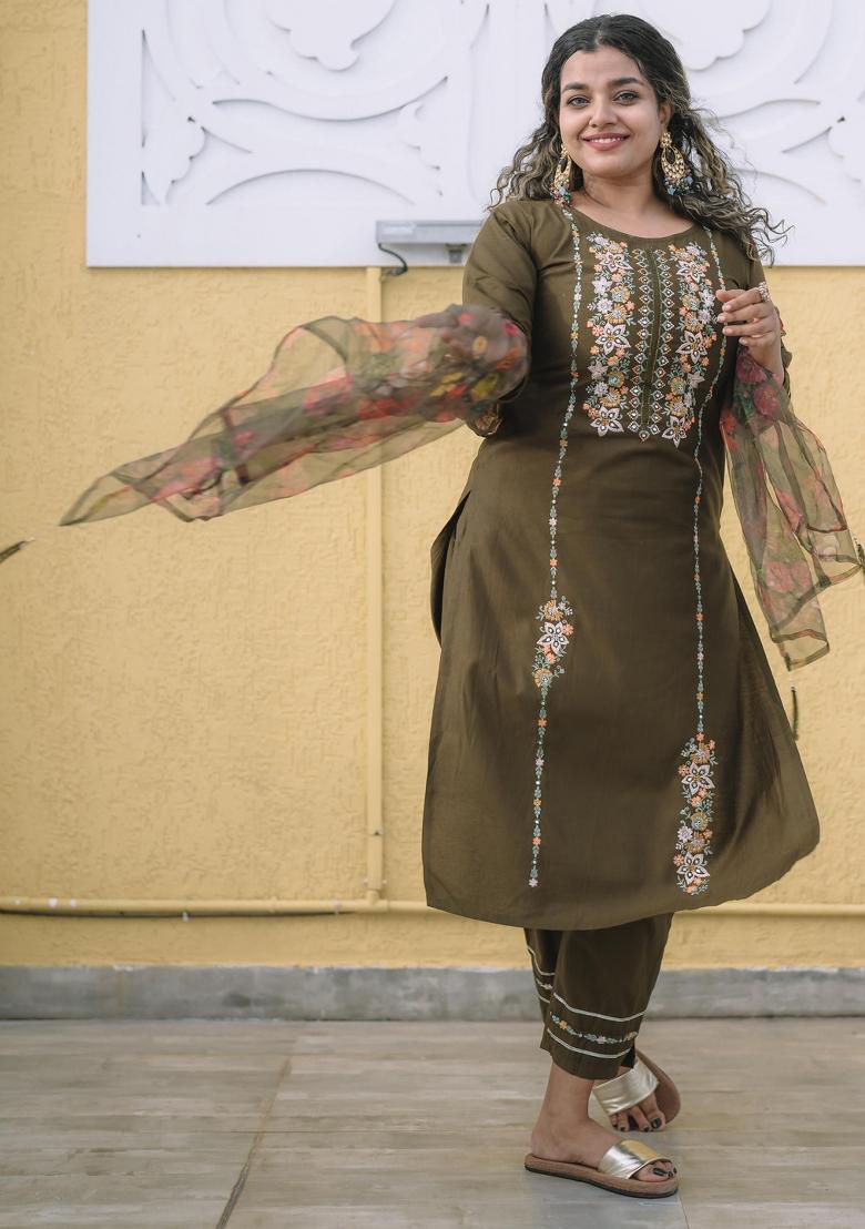 Mehendi Green Embroidered Viscose Salwar Kameez With Dupatta