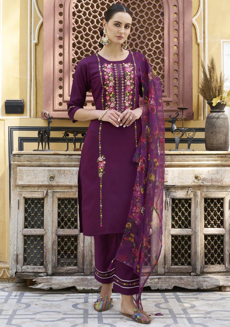 Purple Embroidered Viscose Salwar Kameez With Dupatta
