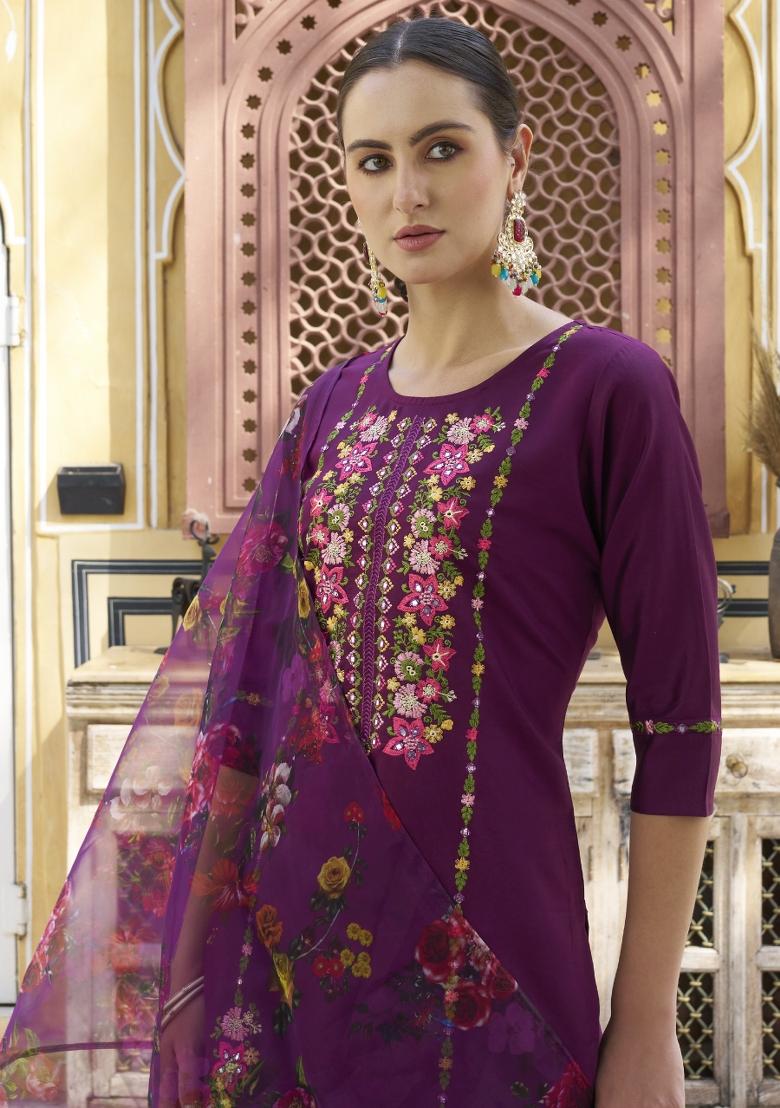 Purple Embroidered Viscose Salwar Kameez With Dupatta