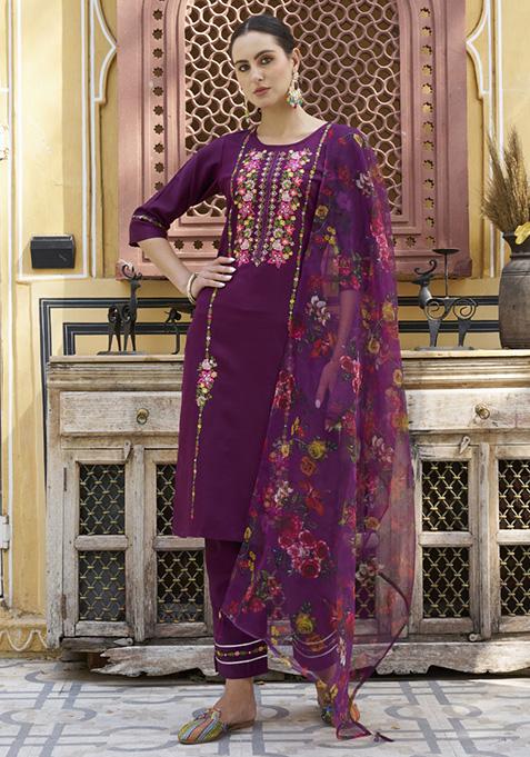 Purple Embroidered Viscose Straight Kurta Set