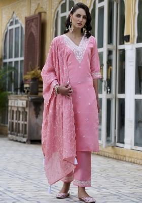 Pink Embroidered Silk Blend Salwar Kameez With Dupatta