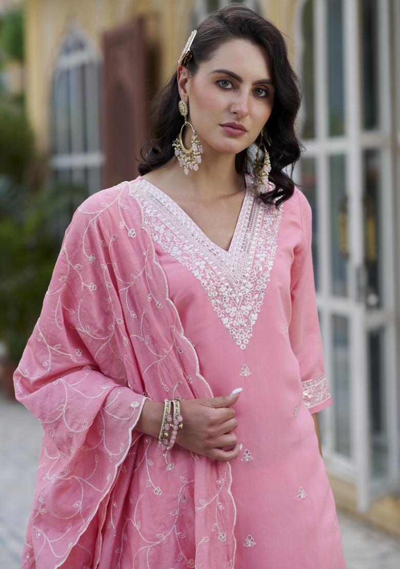 Pink Embroidered Silk Blend Salwar Kameez With Dupatta