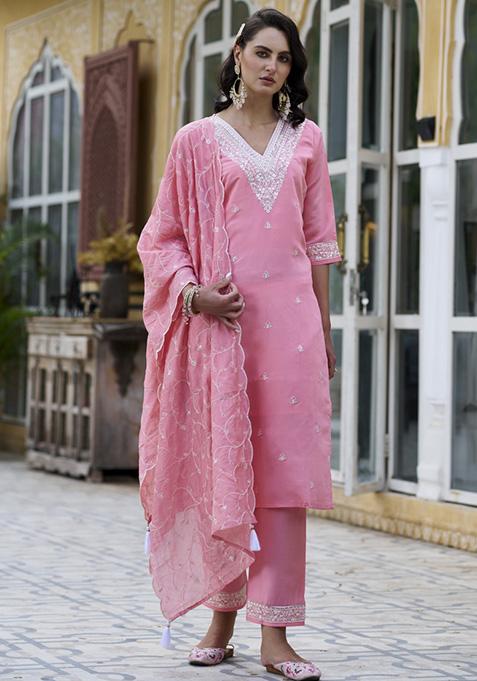 Pink Embroidered Silk Blend Salwar Kameez With Dupatta