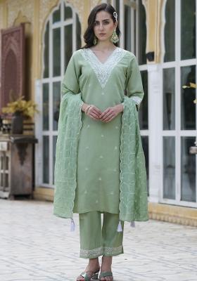 Pista Green Embroidered Silk Blend Salwar Kameez With Dupatta