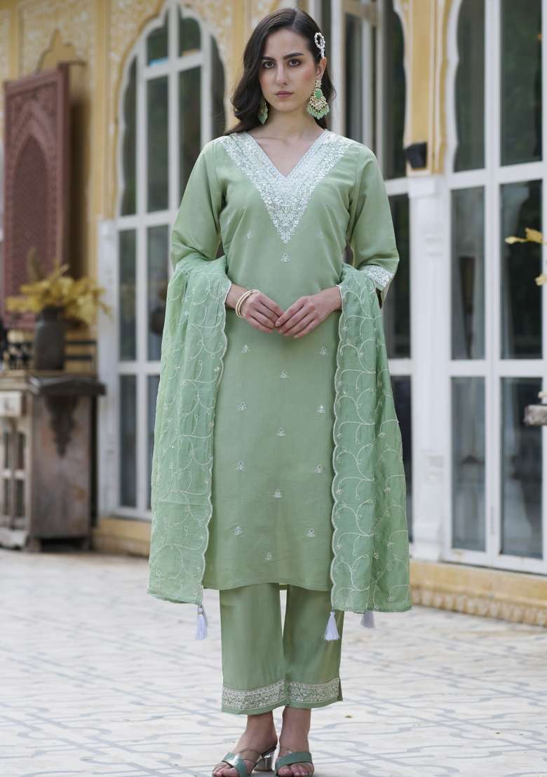 Pista Green Chikankari Silk Blend Straight Kurta Set - Indya
