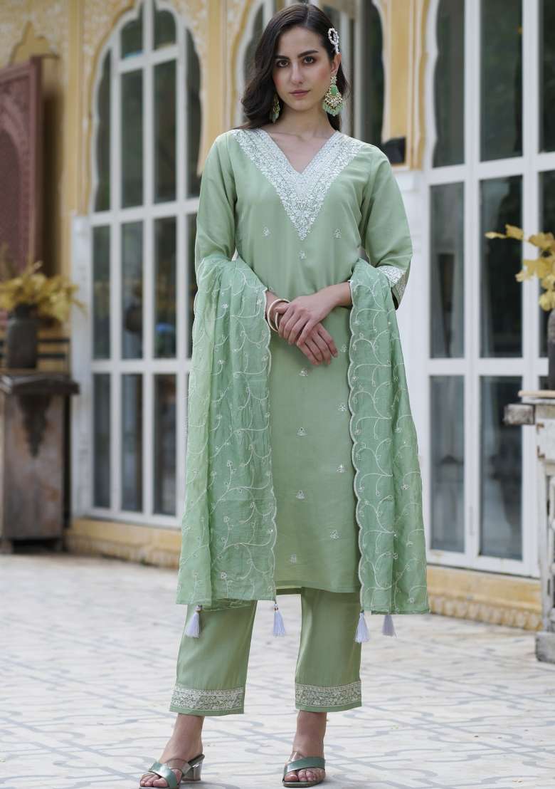 Pista Green Chikankari Silk Blend Straight Kurta Set - Indya