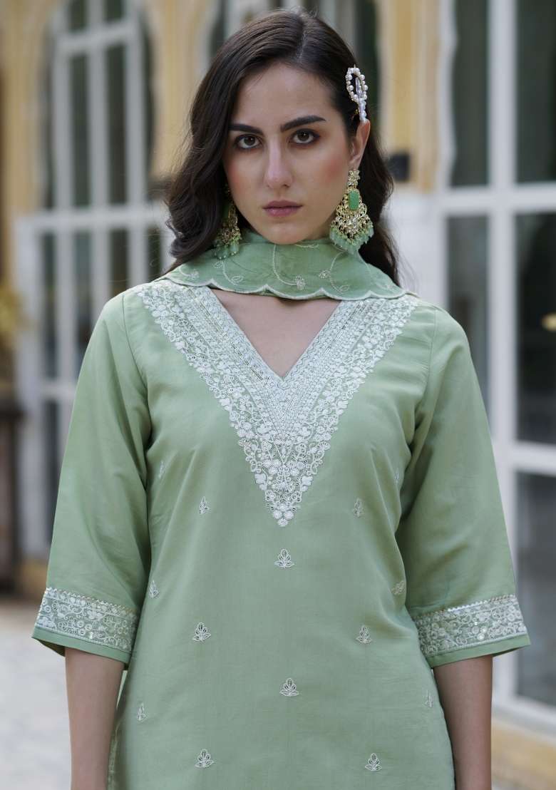 Pista Green Chikankari Silk Blend Straight Kurta Set - Indya