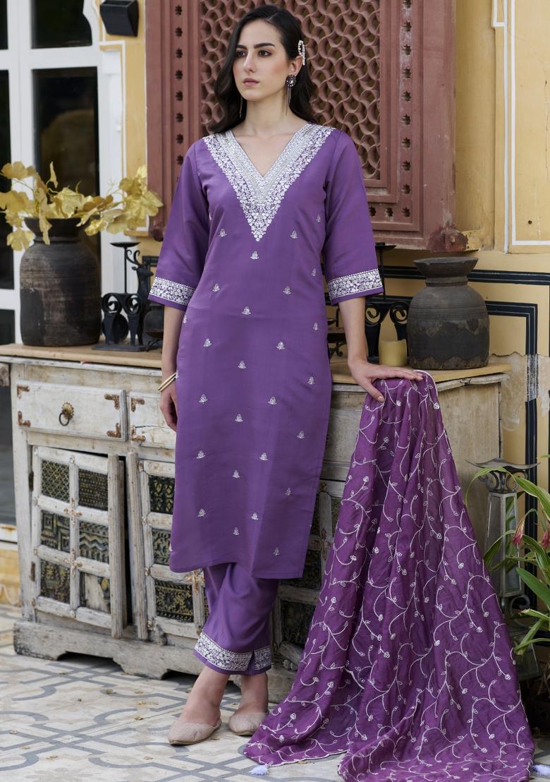 Purple Embroidered Silk Blend Salwar Kameez With Dupatta