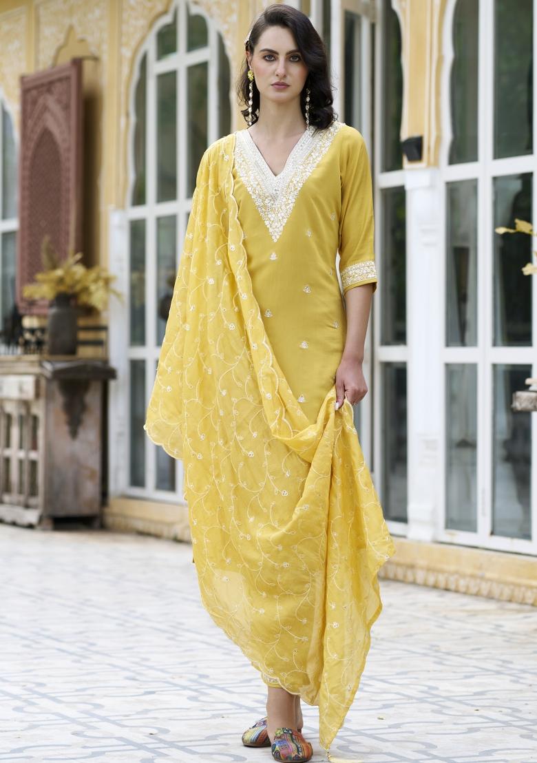 Yellow Embroidered Silk Blend Salwar Kameez With Dupatta