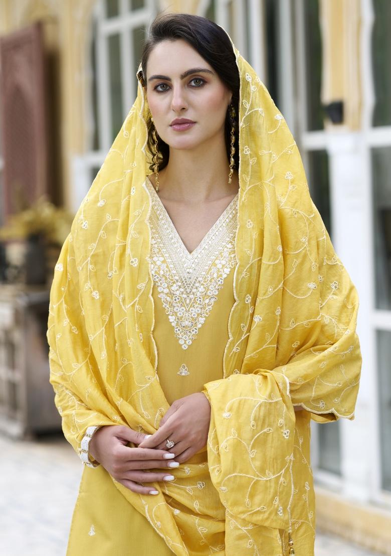 Yellow Embroidered Silk Blend Salwar Kameez With Dupatta