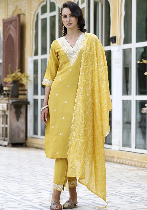 Yellow Embroidered Silk Blend Salwar Kameez With Dupatta