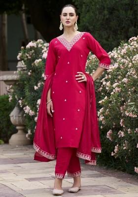 Pink Embroidered Silk Blend Salwar Kameez With Dupatta