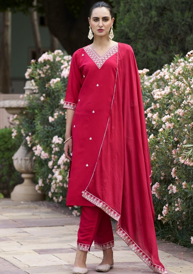 Pink Embroidered Silk Blend Salwar Kameez With Dupatta