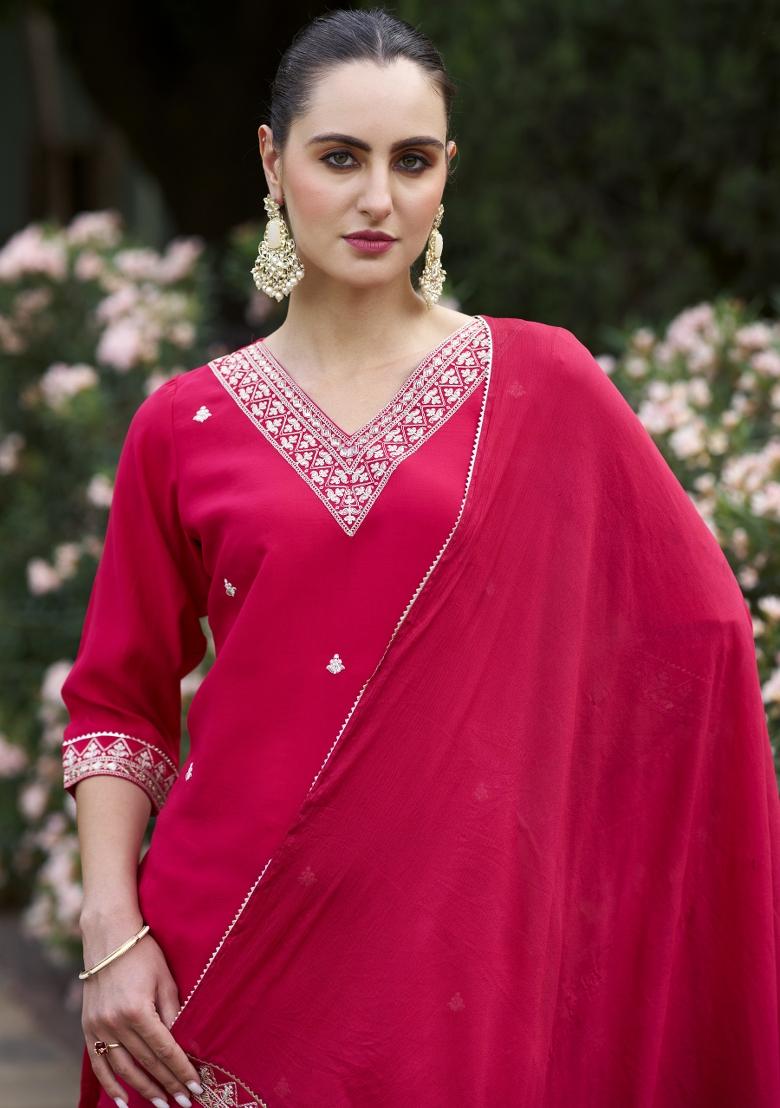 Pink Embroidered Silk Blend Salwar Kameez With Dupatta
