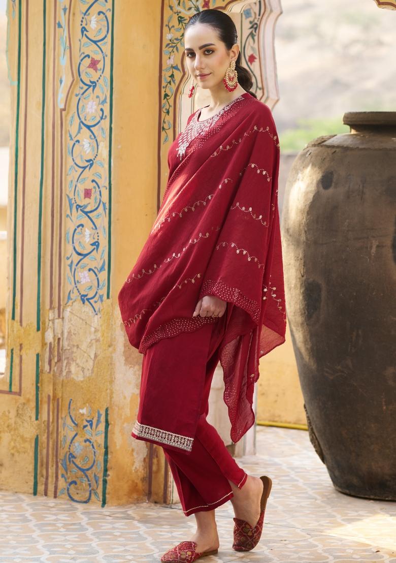 Maroon Embroidered Viscose Salwar Kameez With Dupatta