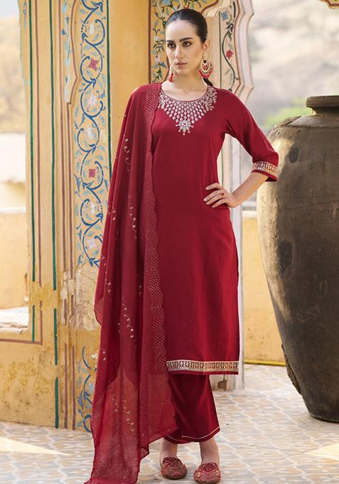 Maroon Embroidered Viscose Salwar Kameez With Dupatta