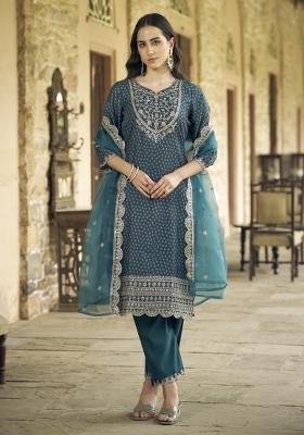 Blue Embroidered Silk Blend Salwar Kameez With Dupatta