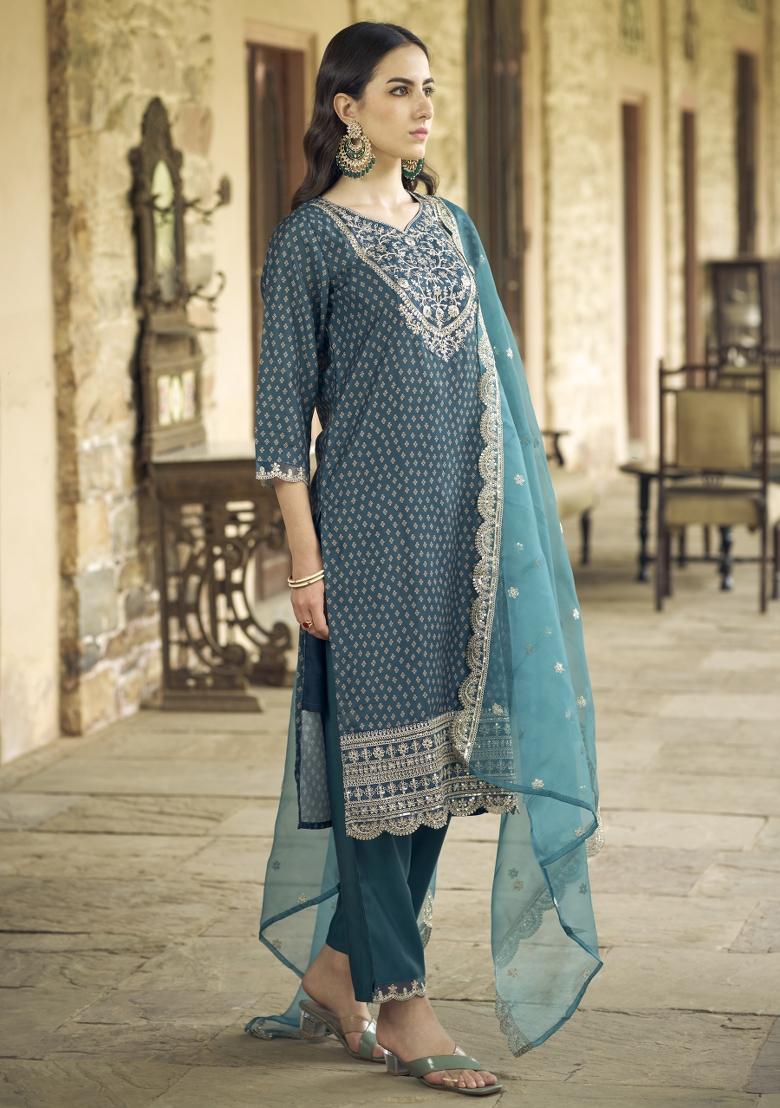 Blue Embroidered Silk Blend Salwar Kameez With Dupatta